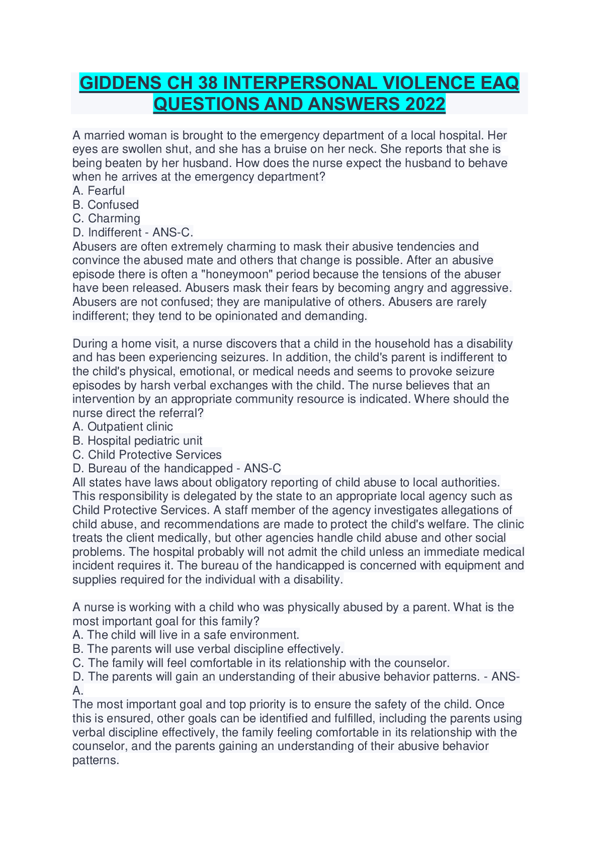 Preview of GIDDENS CH 38 INTERPERSONAL VIOLENCE EAQ QUESTIONS AND ANSWERS 2022